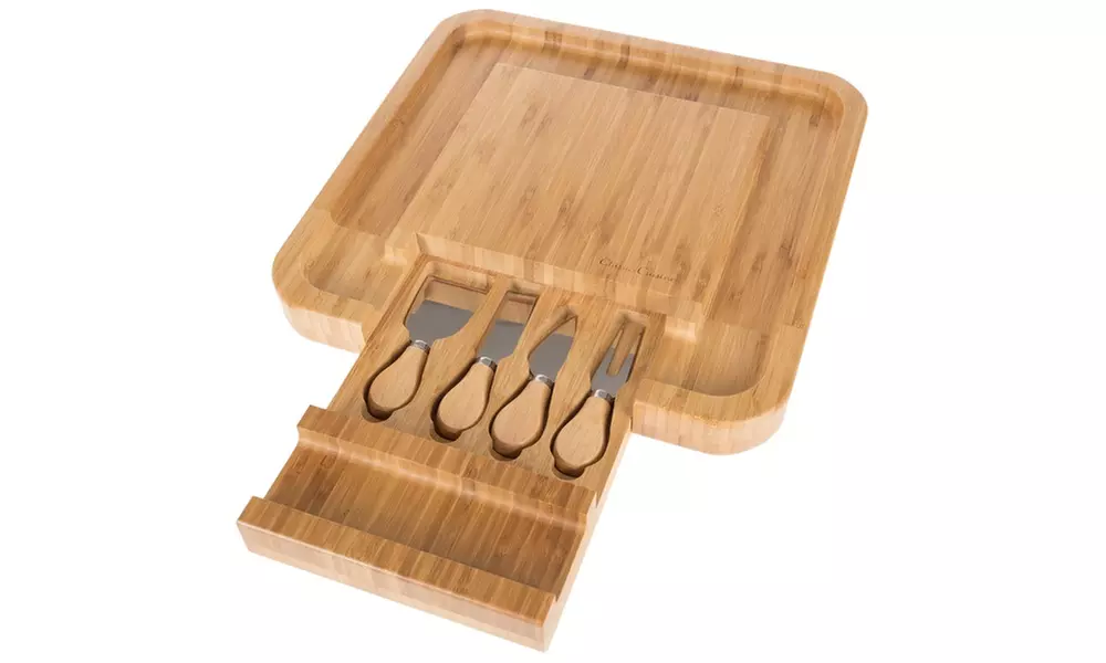 Bamboo Cheese Serving Tray with 4 Piece Cutlery Set by Classic Cuisine