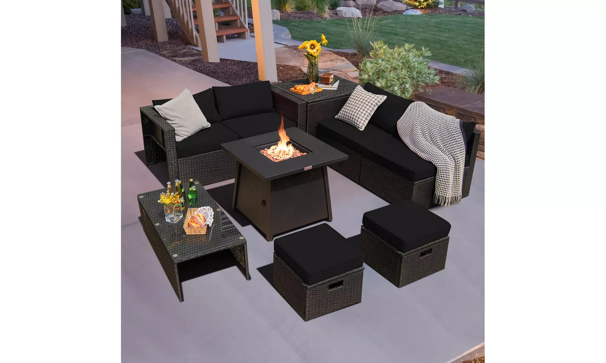 Costway 9PCS Patio Rattan Furniture Set Fire Pit Space-saving W/Cover  Cushion