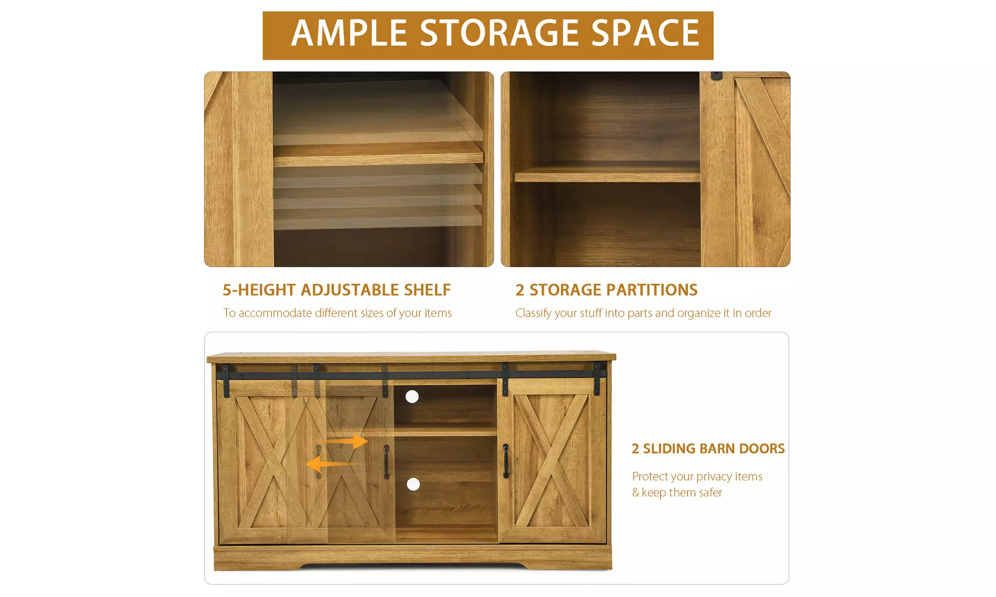 Costway 59'' Farmhouse TV Stand Sliding Barn Door Cabinet w/ Adjustable Shelf