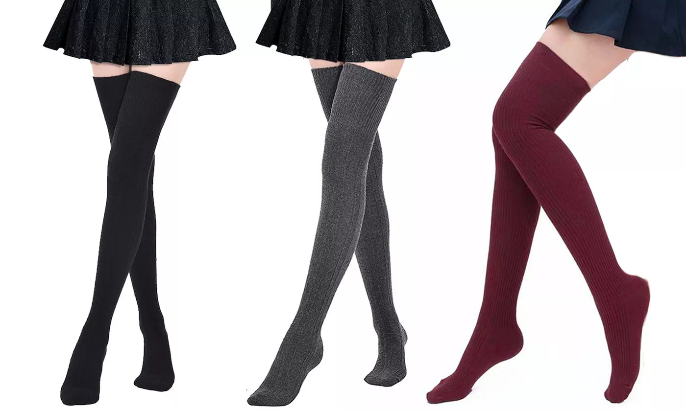  3 Pairs Womens Thigh High Cotton Socks Extra Long Boot Stockings