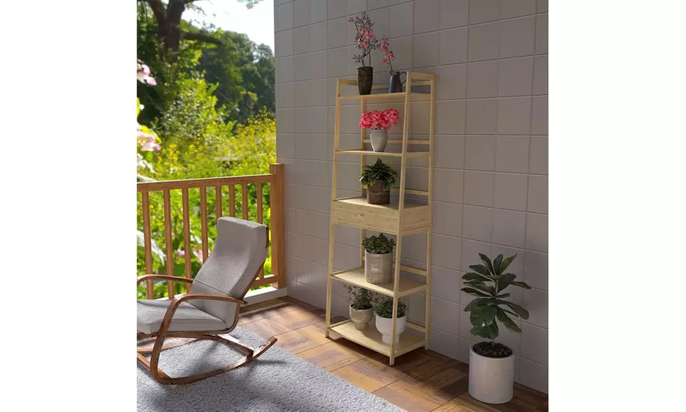 5 Tier Tall Bookcase Ladder Shelf with Drawers, , Modern Open Book Case - Second Medium