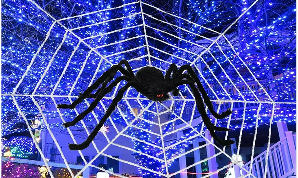 Giant Halloween Spider Web & Solar 100 LED String Lights Outdoor Decor - Primary Image