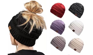 Women's Ponytail Messy Bun Beanie Cap Tail Beanie Solid Ribbed Hat