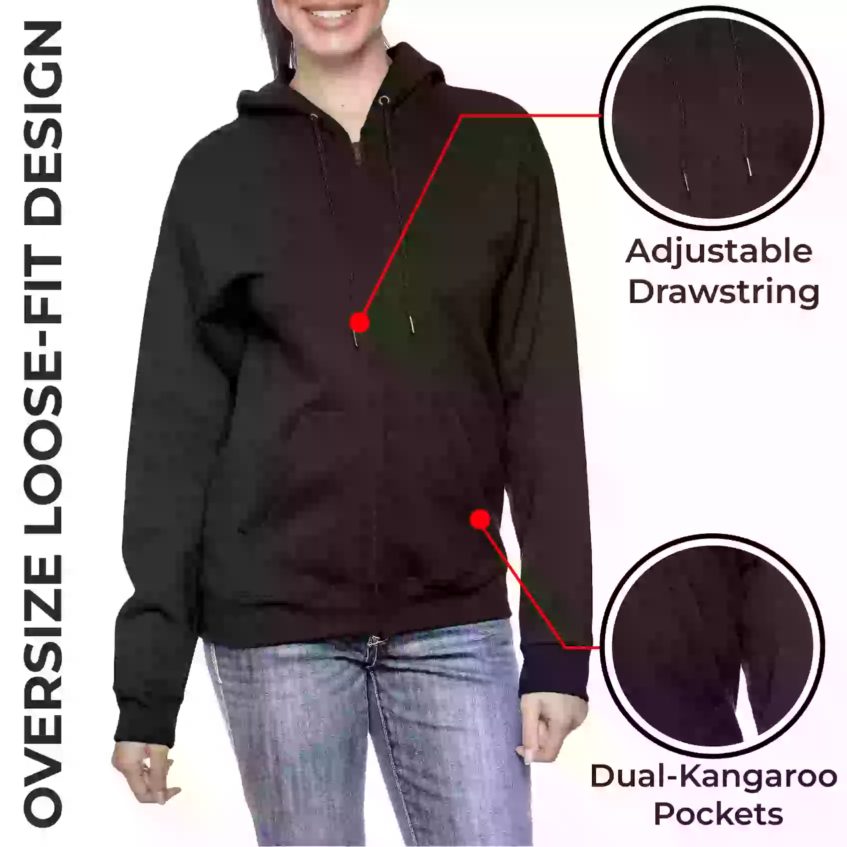 Women's Oversize Loose Fit Fleece-Lined Zip Hoodie Sweater
