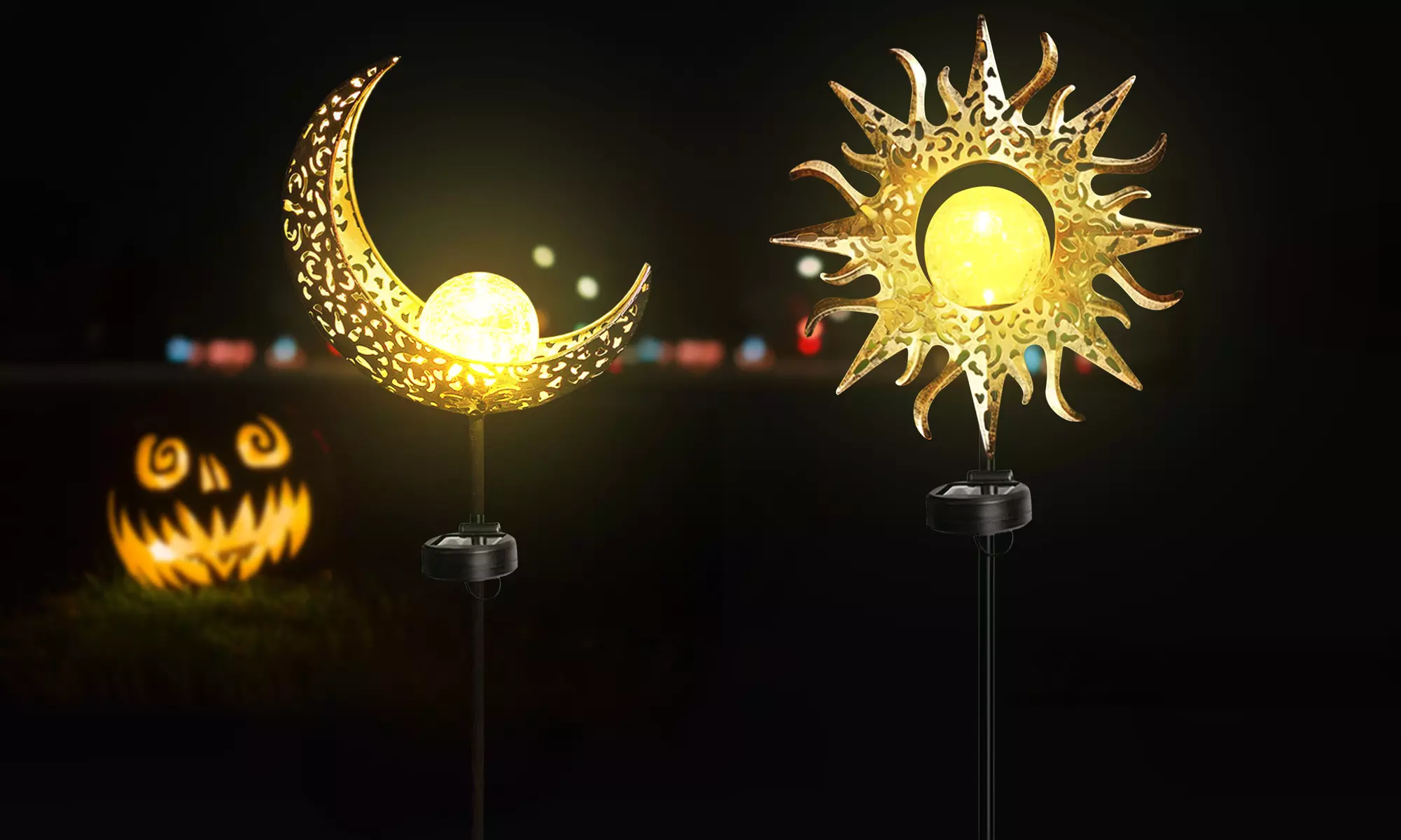 Solar Garden Metal Sun Moon Lights Halloween Lights for Halloween Decorations - Primary Image