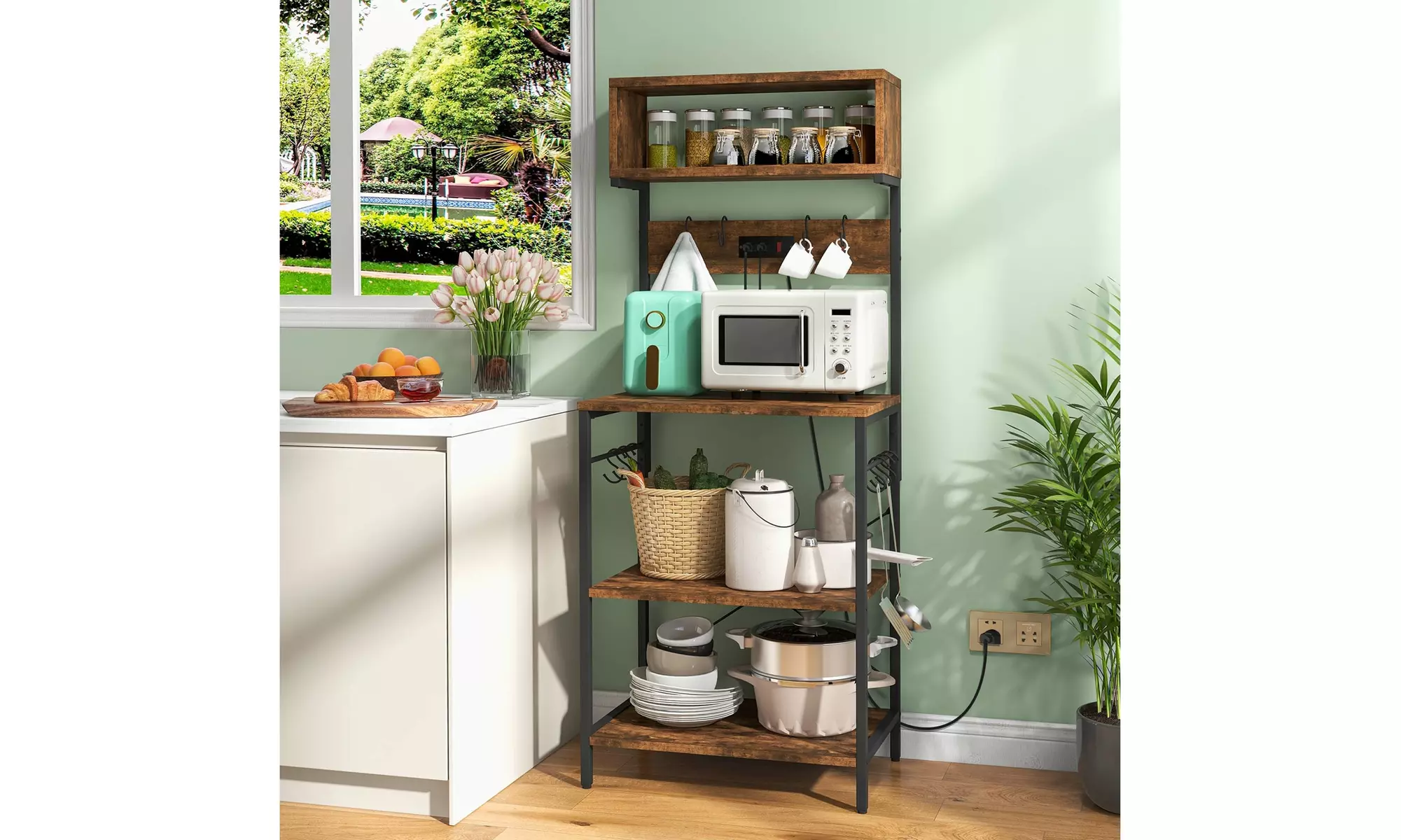 Costway Kitchen Bakers Rack 60'' Microwave Stand w/ Power Outlet Open Shelves - Primary Image