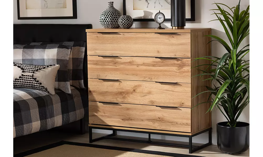 Reid Industrial Oak Finished Wood and Black Metal 4-Drawer Dresser - Primary Image