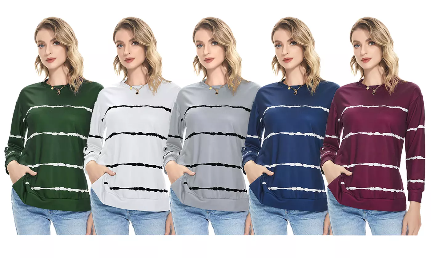 Women Long Sleeve Crewneck Casual Side Split Pullover Tops