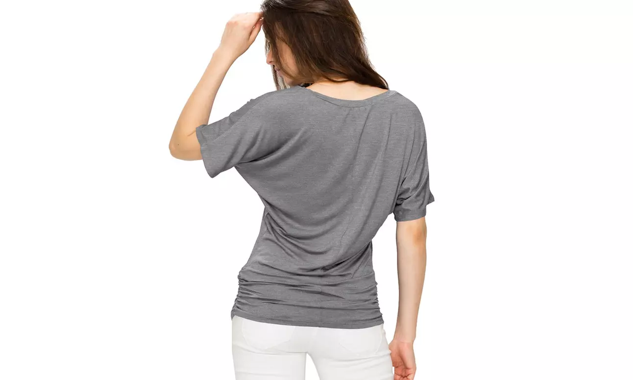 Made by Johnny Womens Solid Short Sleeve V-Neck Dolman Top with Side Shirring