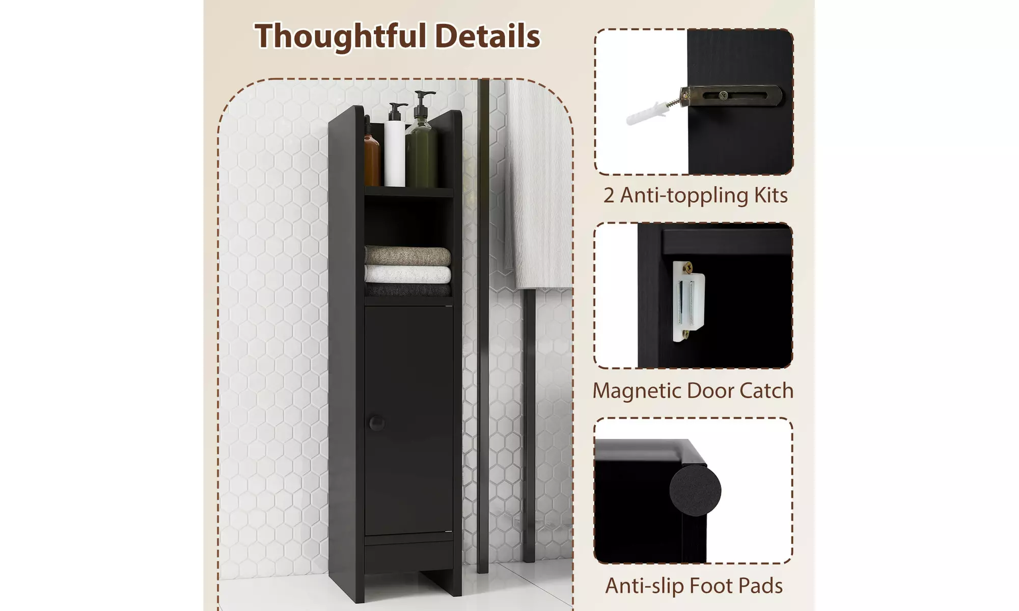 Costway Bathroom Storage Cabinet with Adjustable Shelf 1 Door & 2 Open Shelves