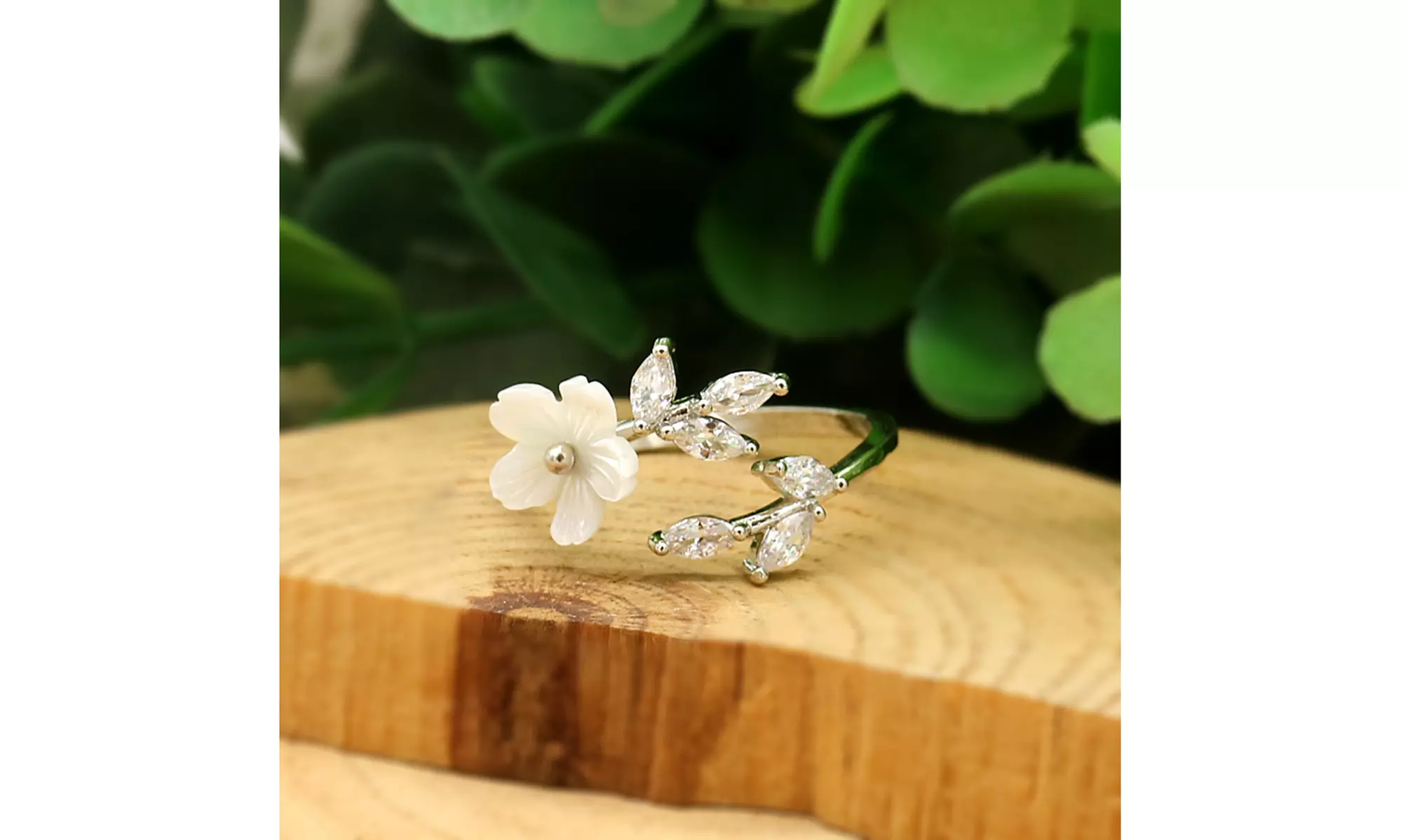 Sterling Silver or Rose Gold Adjustable Floral Ring with crystals from Swarovski - Primary Image