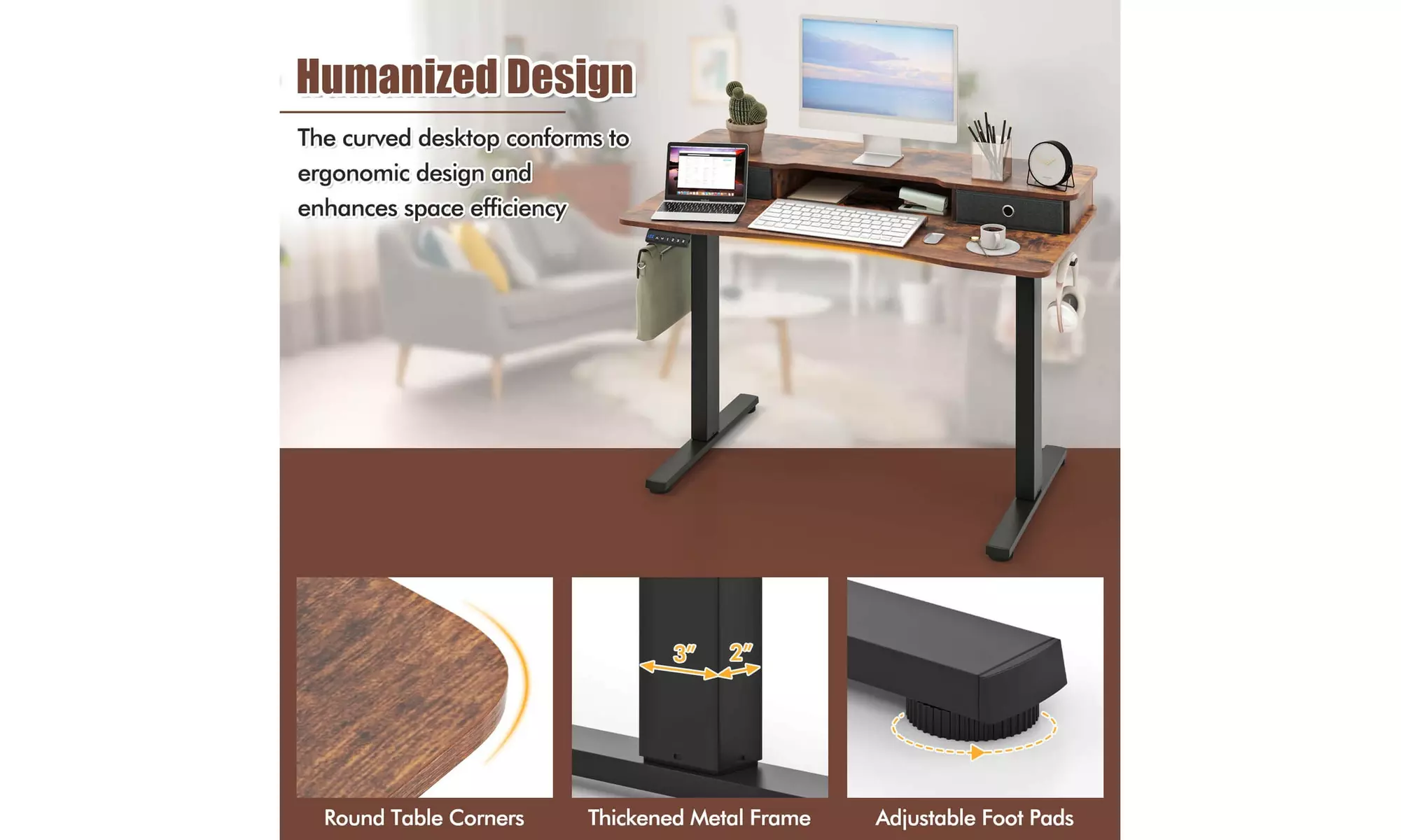 Costway Electric Standing Desk with 2 Drawers Monitor Stand Storage Shelf