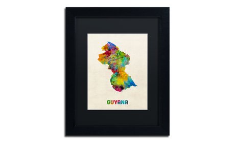 Michael Tompsett 'Guyana Watercolor Map' Matted Black Framed Art