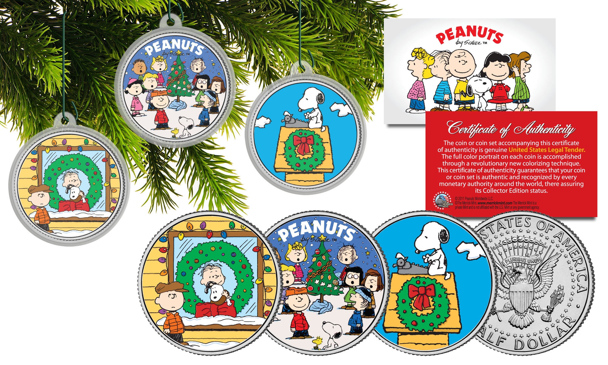 PEANUTS CHRISTMAS Charlie Brown JFK Half Dollar 3-Coin Set Tree Ornaments SNOOPY