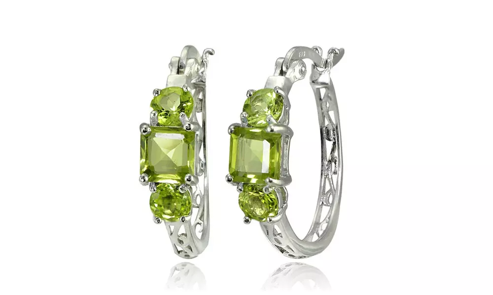 Sterling Silver Peridot Three-Stone Filigree Hoop Earrings - Primary Image