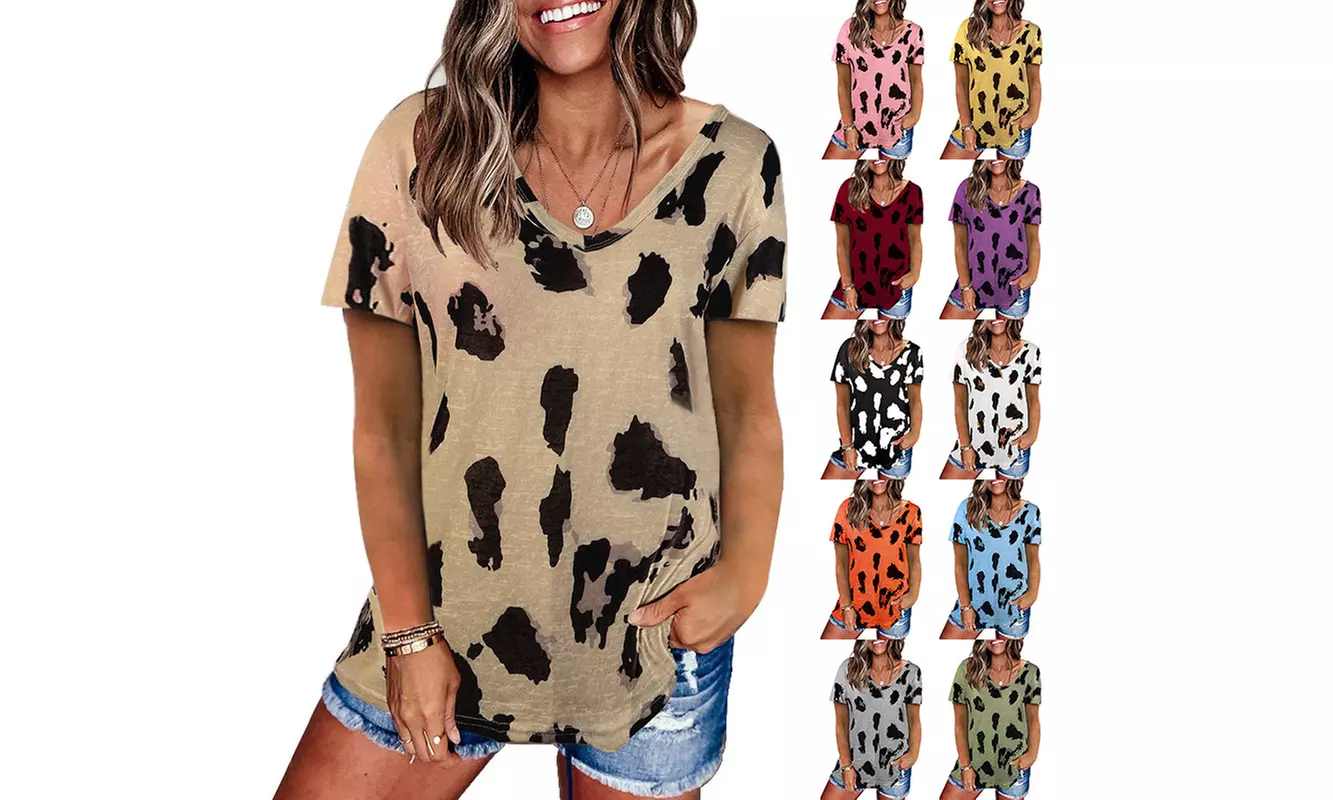  Women's Leopard V Neck tshirts Top Short Sleeve Loose T-shirt Tops - Primary Image