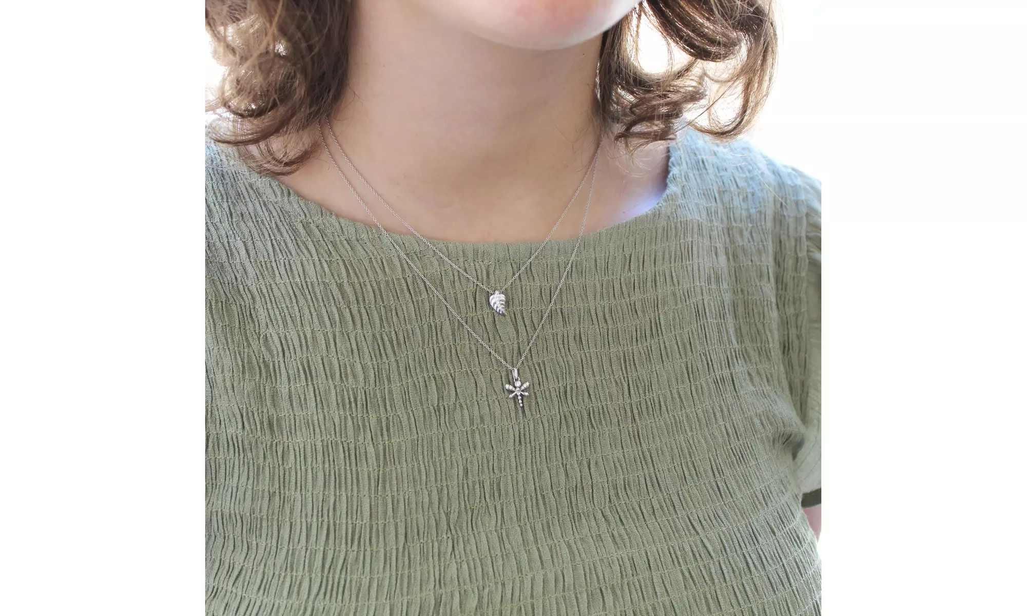 Lucky Feather & Dragonfly Layered 1/10 Ct Diamond Pendant Necklace 925 Silver