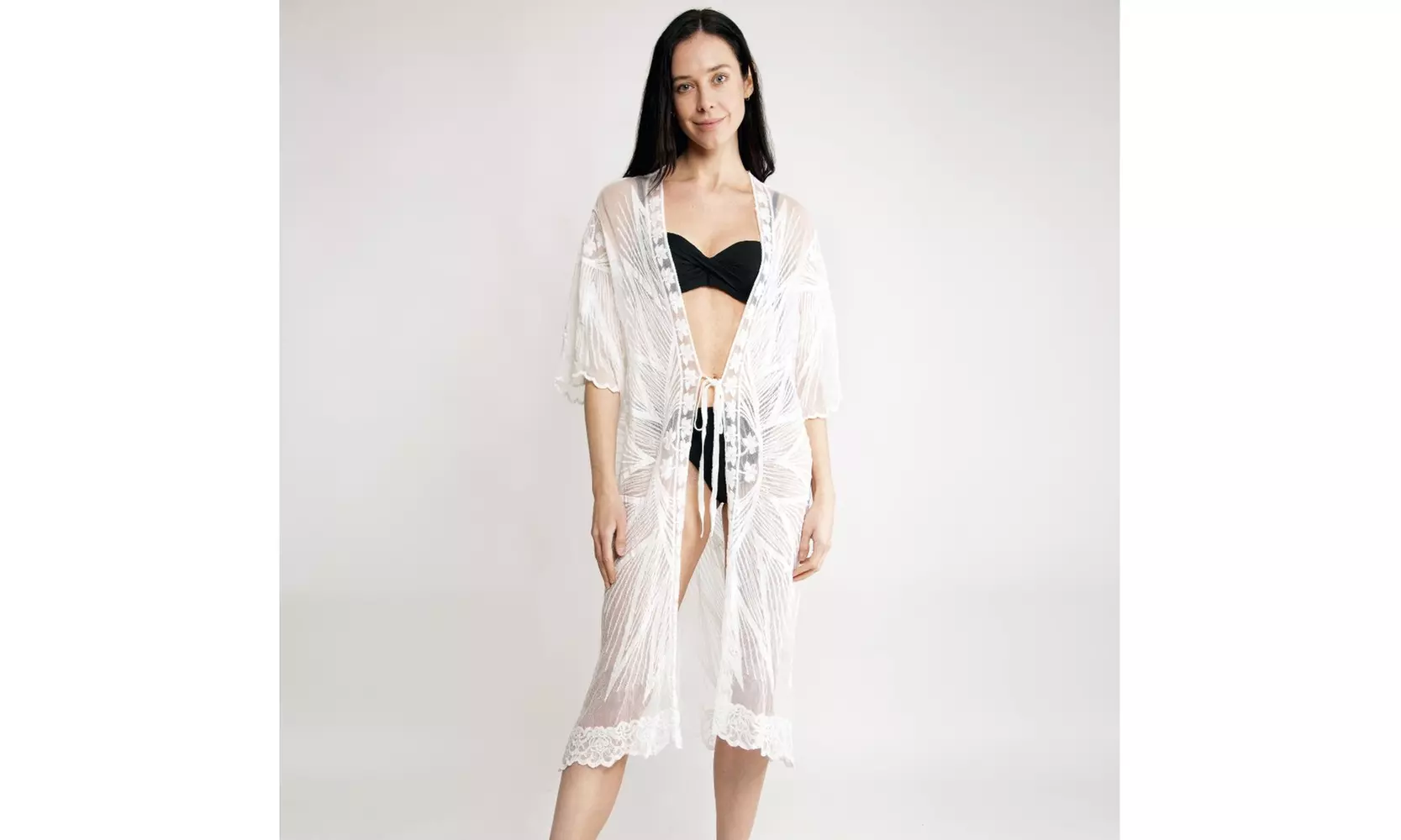 Long Lace Kimono Featuring a Front Tie Closure - Second Medium