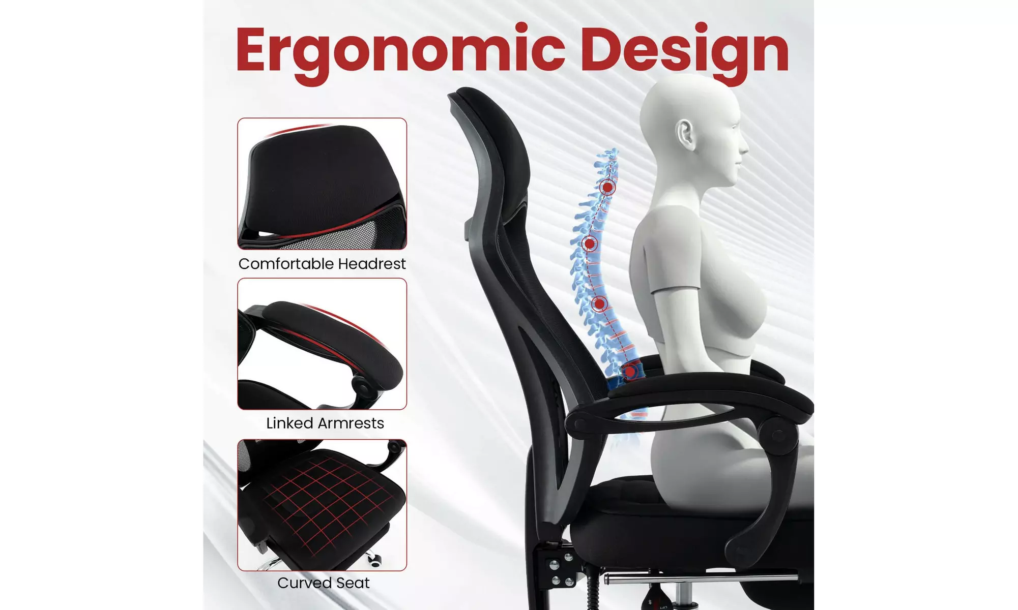 Costway Ergonomic Mesh Office Chair with Footrest Height-Adjustable Backrest