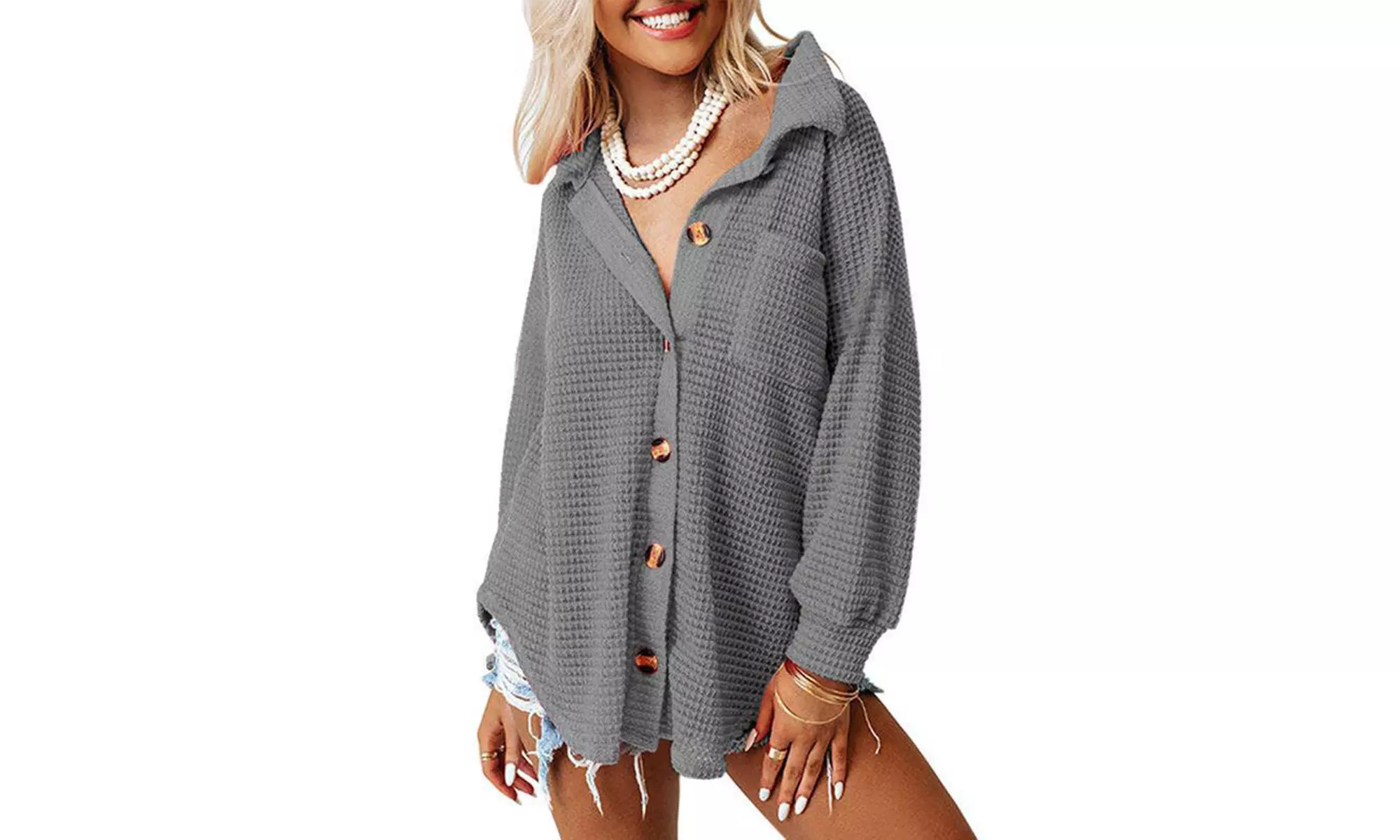 Womens Waffle Shacket Jacket Casual Long Sleeve Waffle Button Down Shirt - Second Medium