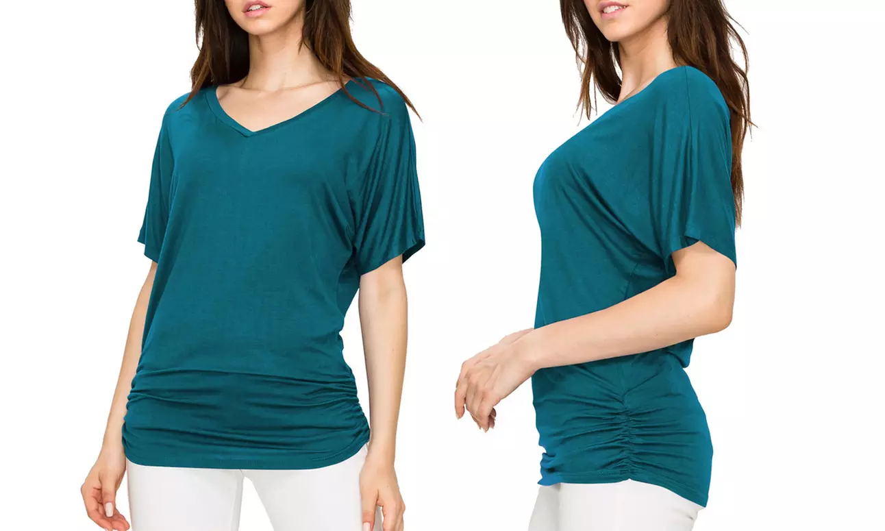Made by Johnny Womens Solid Short Sleeve V-Neck Dolman Top with Side Shirring