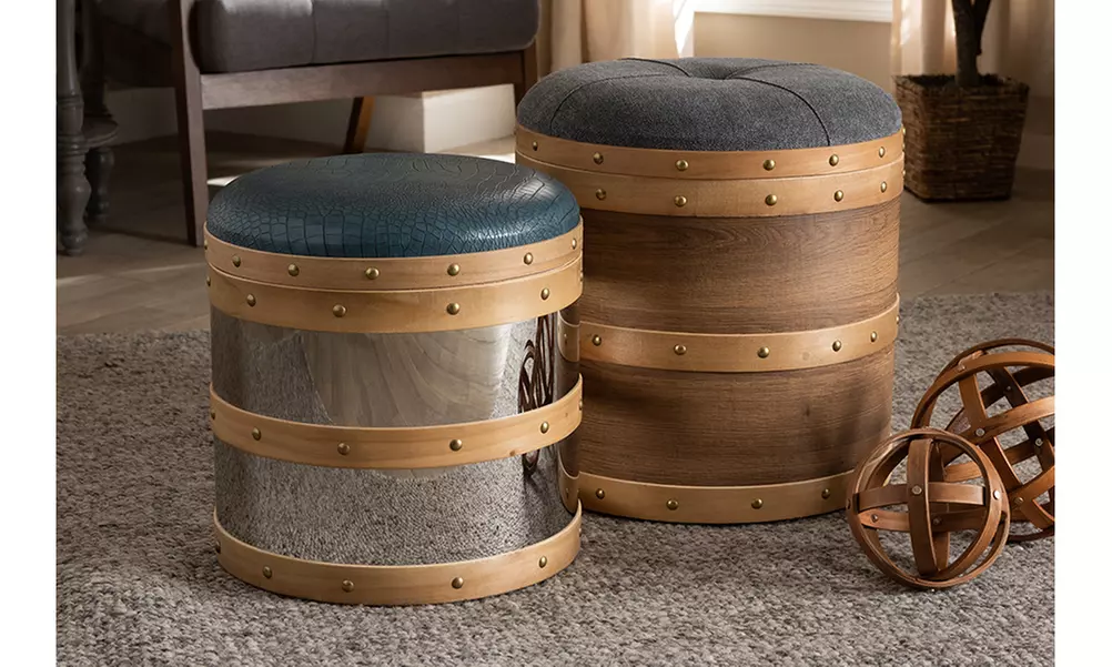 Caleb Grey and Blue Upholstered 2-Piece Wood and Metal Storage Ottoman Set - Primary Image
