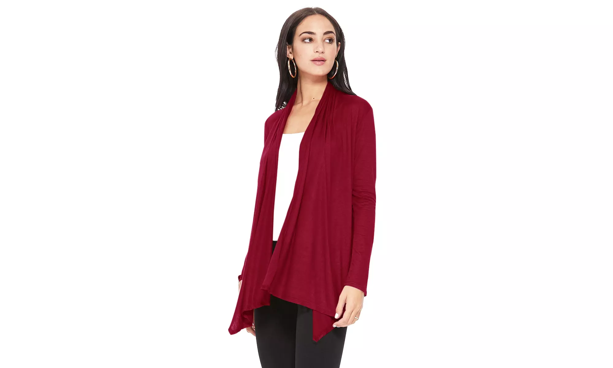 Long Sleeve Relaxed Loose Fit Draped Neck Open Front Waist Length Solid Cardigan