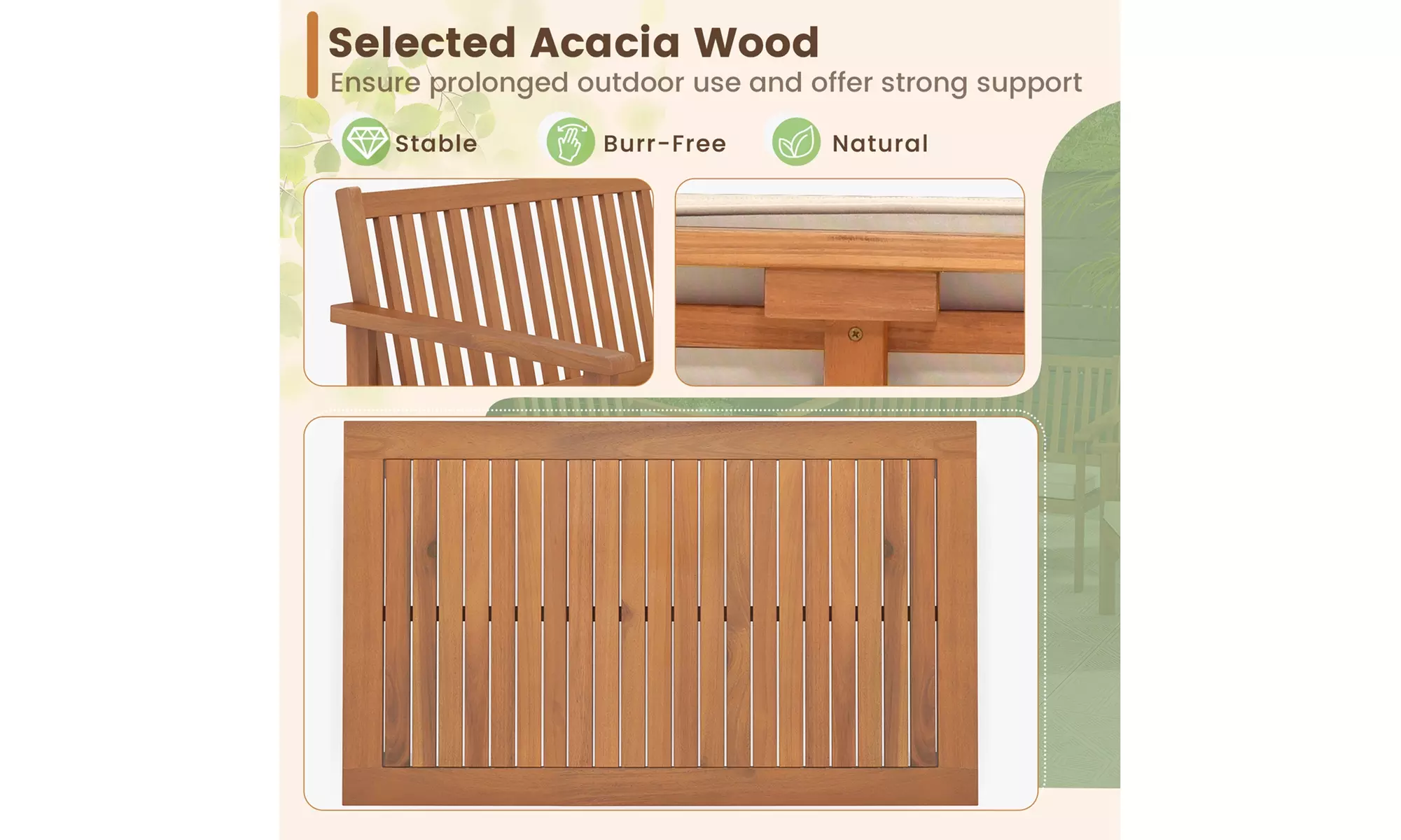 Costway 4 PCS Patio Wood Furniture Set with Loveseat, 2 Chairs & Coffee Table