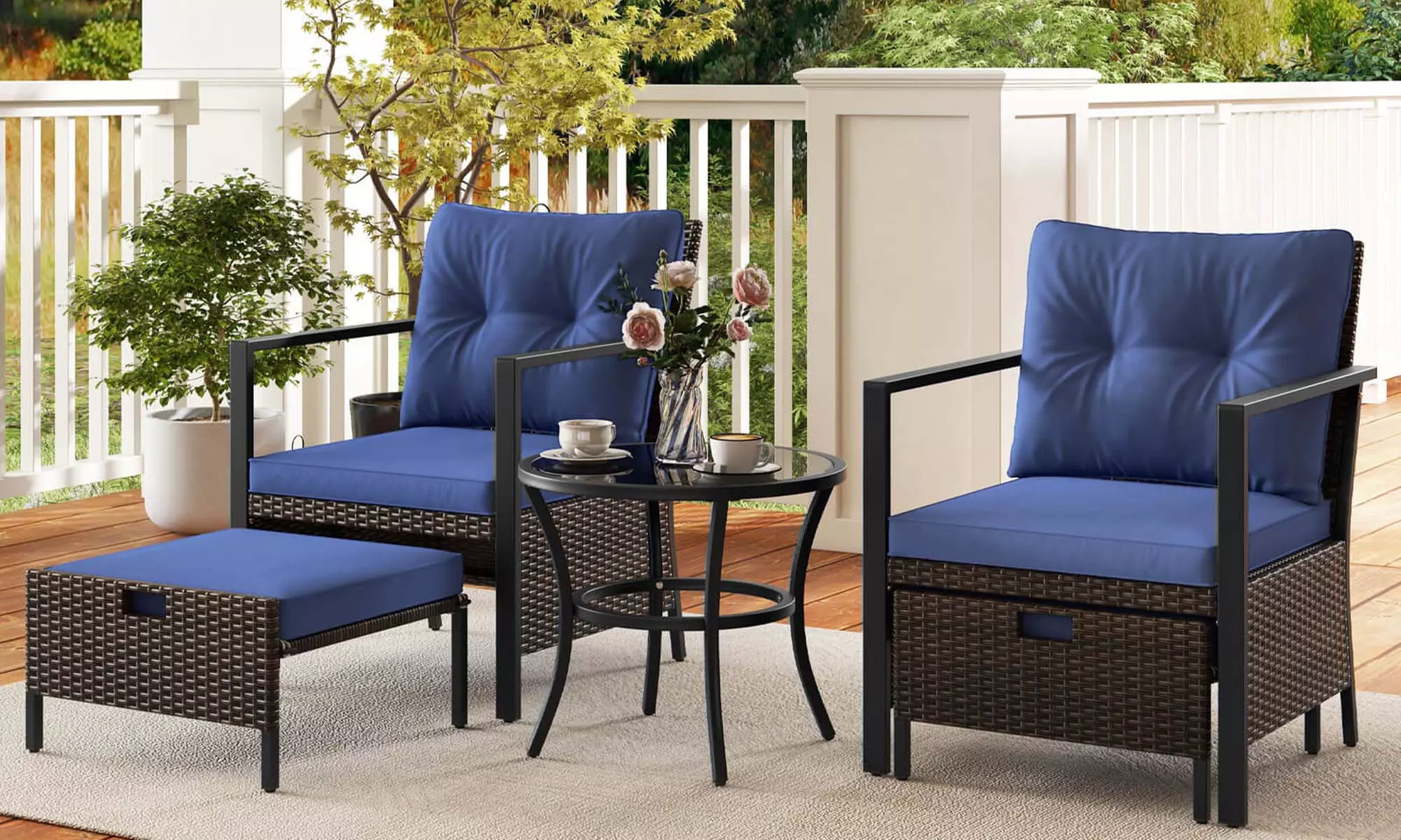 Costway 5 PCS Outdoor Furniture Set Rattan Chairs & Ottomans with Coffee Table