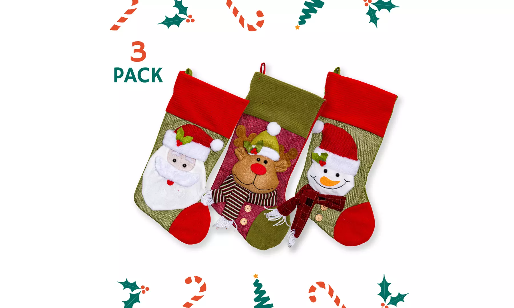 Jolly Christmas Stockings 2-Pack or 3-Pack Festive Holiday Décor