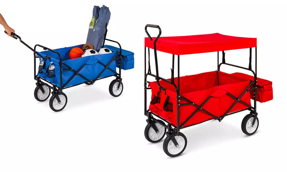 Folding Utility Cargo Wagon Cart w/Removable Canopy, Cup Holders - Primary Image
