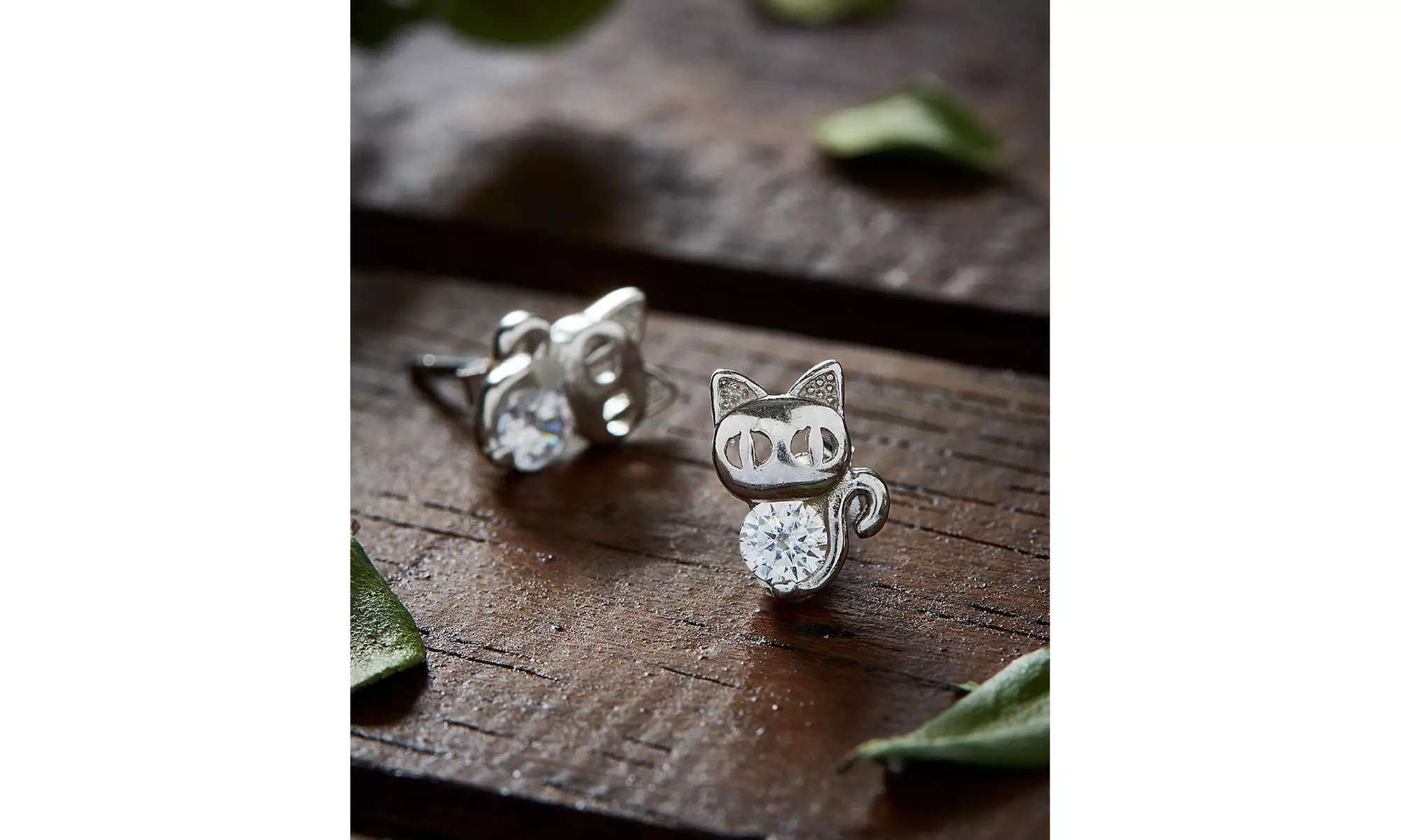 Sterling Silver Crystal Cat Stud Earring  - Primary Image