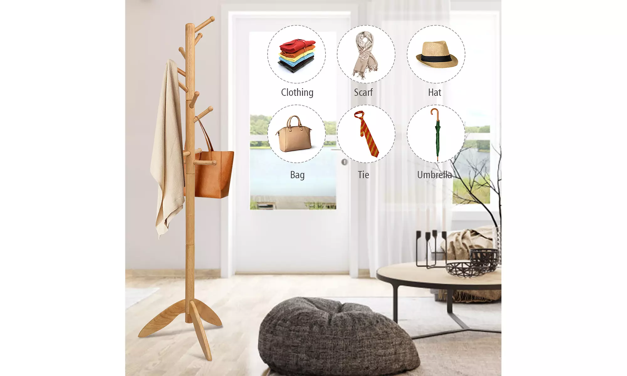 Costway Wooden Coat Rack Entryway Hall Tree 2 Heights w/ 11 Hooks