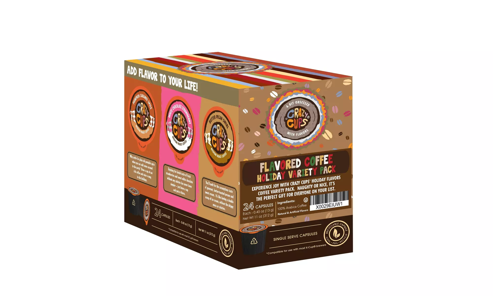 Crazy Cups Holiday Variety Pack Hot or Iced Coffee K Cups, 24 or 72 Count