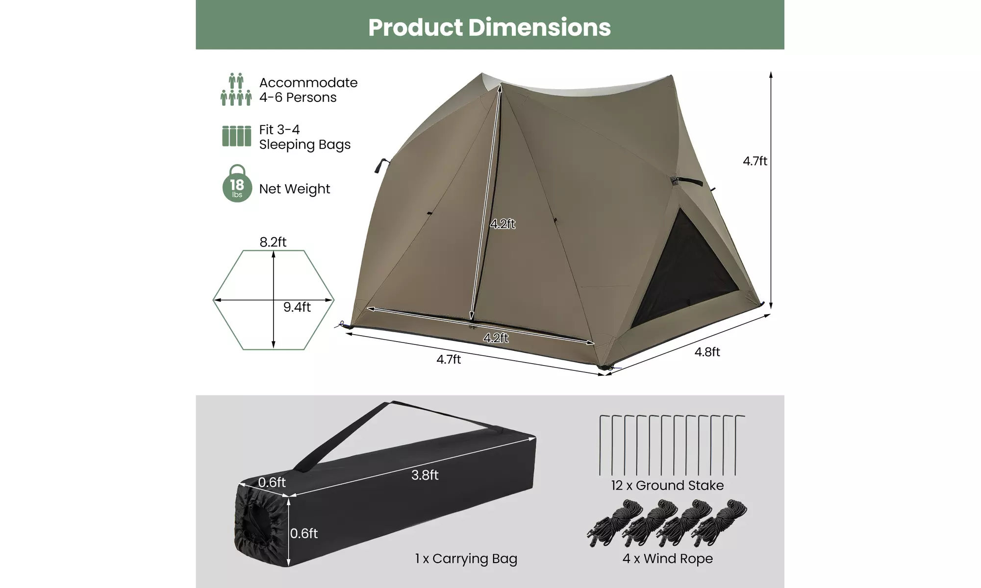 Costway Pop-up Camping Tent for 4 to 6 People with Rainfly Skylight and 3 Doors