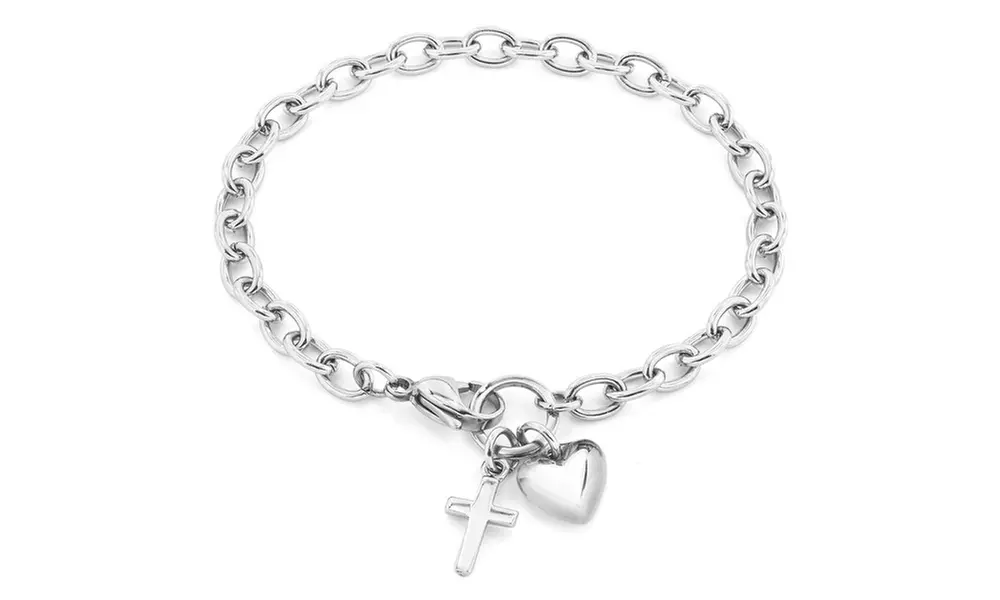 Stainless Steel Heart and Cross Charm Bracelet - Primary Image