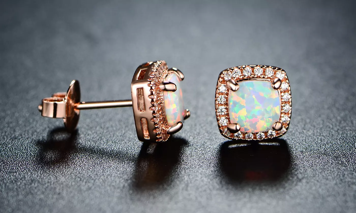 18K Rose Gold Princess-Cut White Fire Opal Stud Earrings by Peermont Jewelry