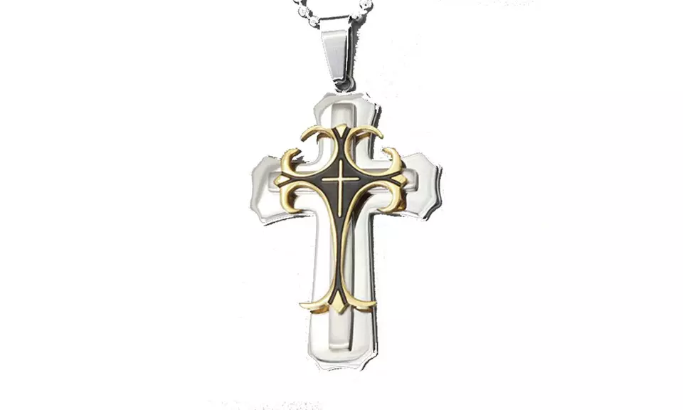 Cross Pendant Necklace Stainless Steel Crucifix Cuban Gold Black - Second Medium