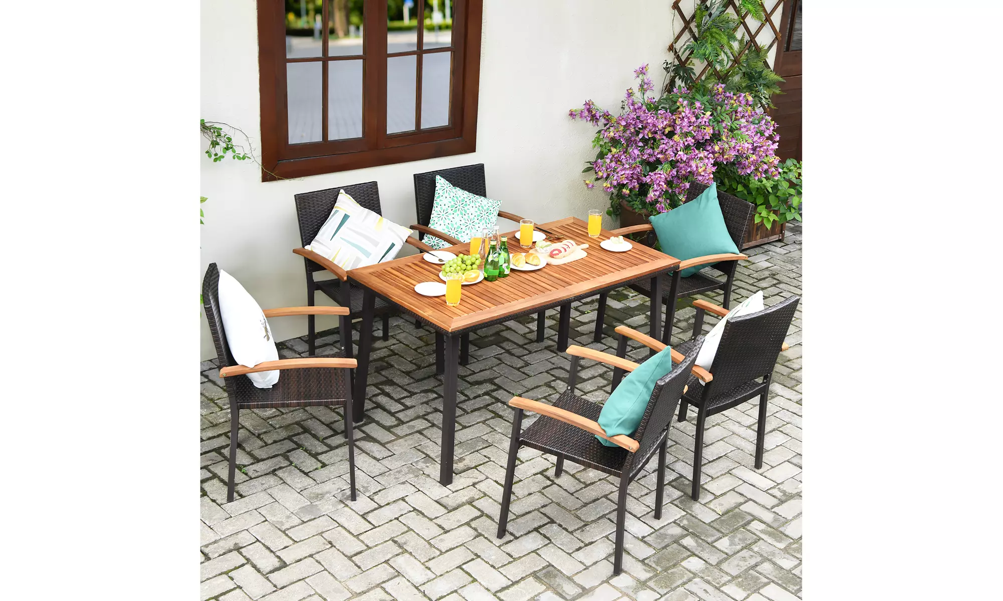 Costway 7 PCS Patio Rattan Dining Set Acacia Wood Table Top Stackable Chair - Primary Image
