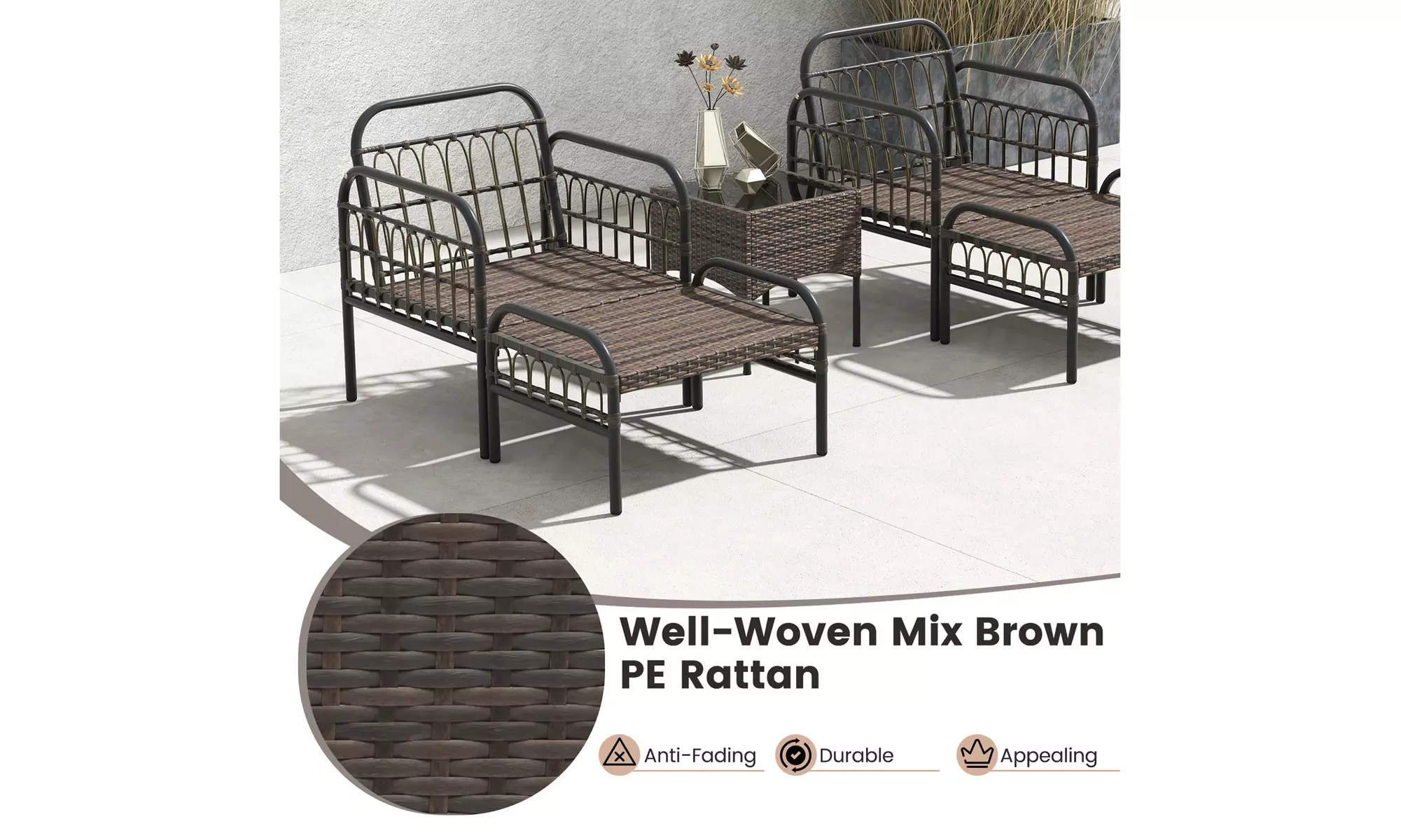 Costway 5 Piece Patio Conversation Set - Outdoor Wicker Chairs, Ottomans & Table