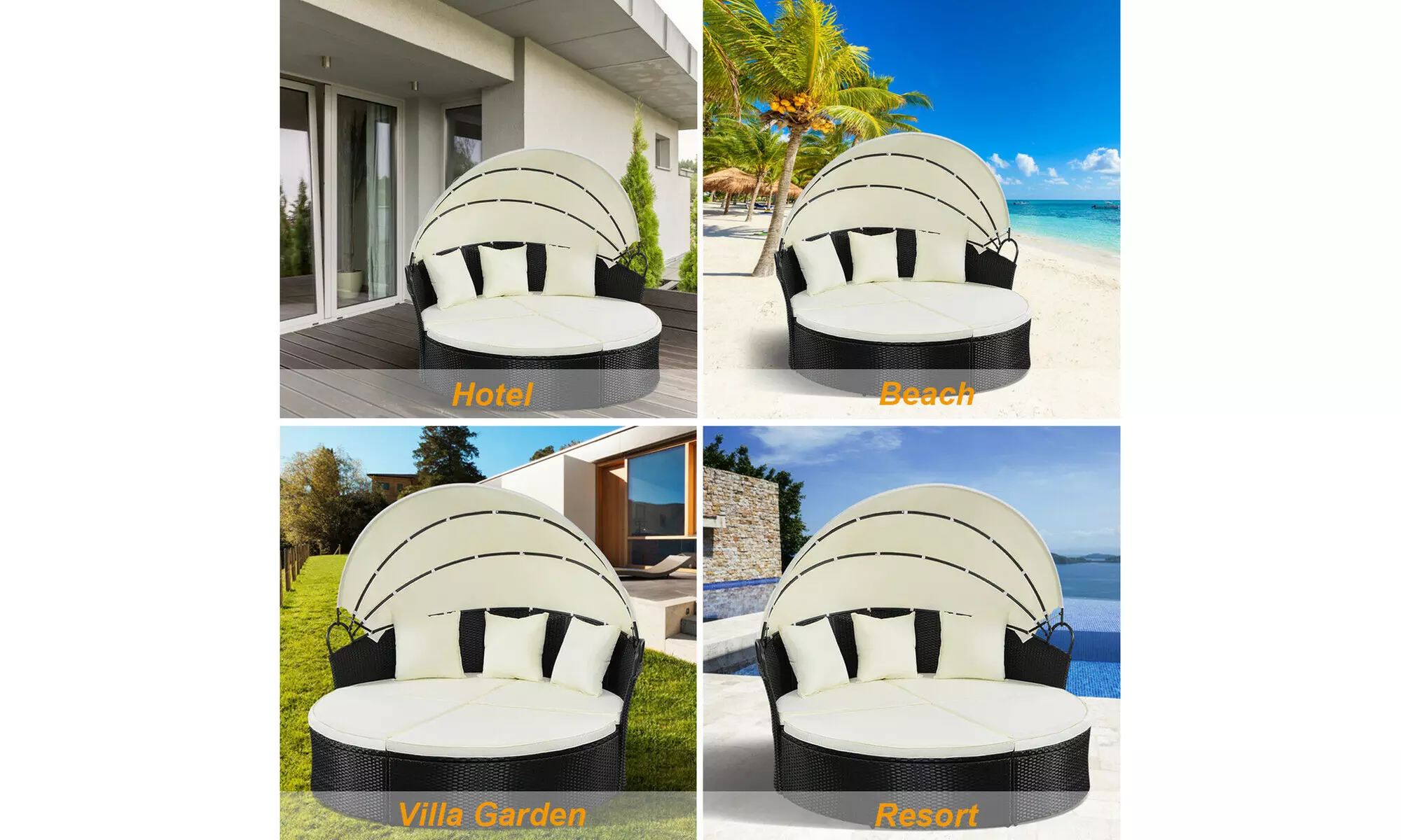 Costway Outdoor Round Sofa Daybed-Black,Retractable Canopy,Patio Furniture
