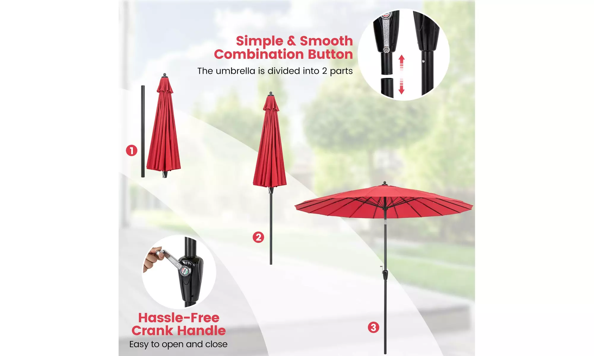 Costway 9 FT Round Patio Umbrella with Push Button Tilt & Crank Handle