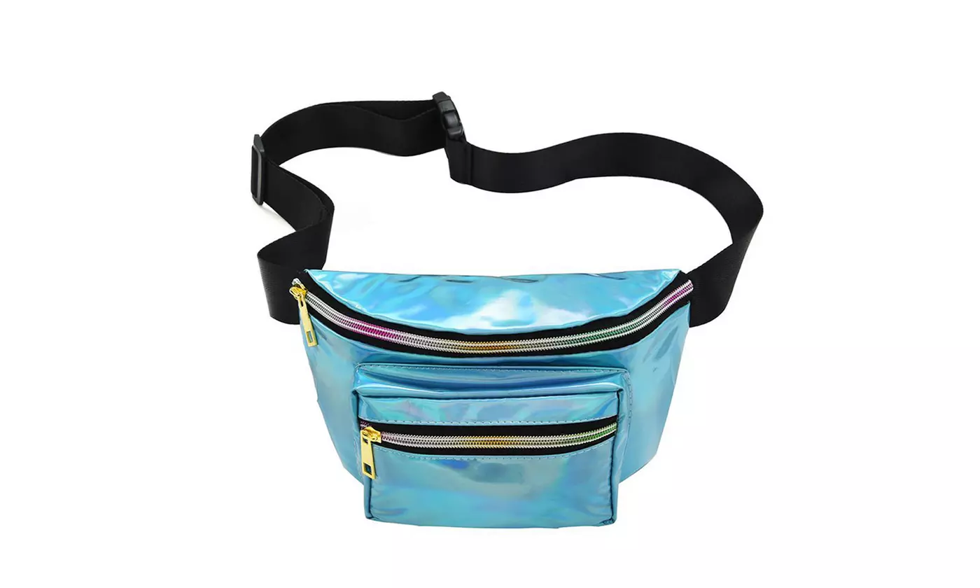 Women Holographic Fanny Pack Iridescent Shiny Waist Bag For Travel Festival Rave