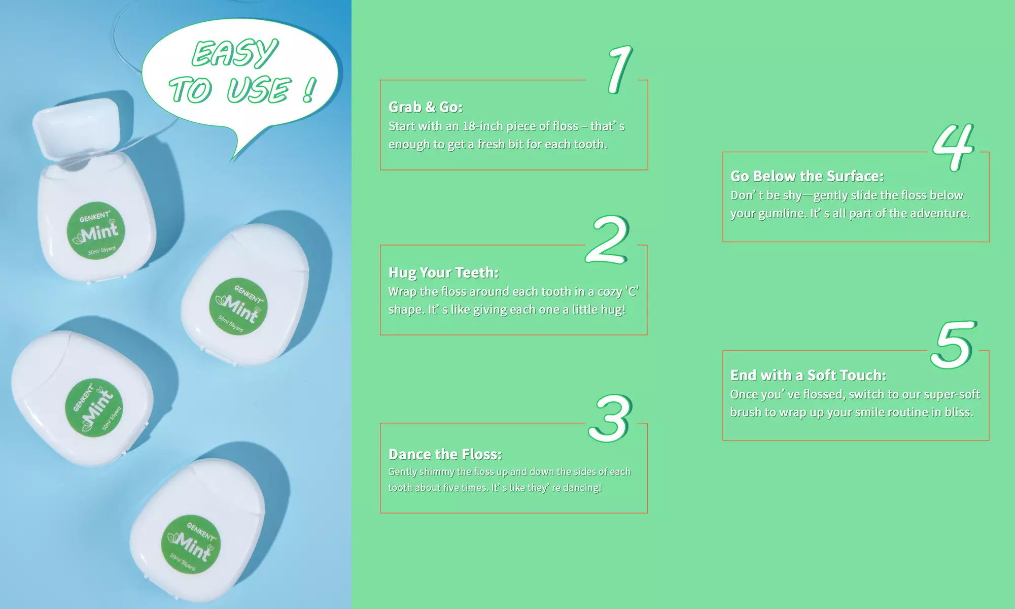 Cool Mint Waxed Dental Floss  for Removes Plaque and Food Debris 4 Packs