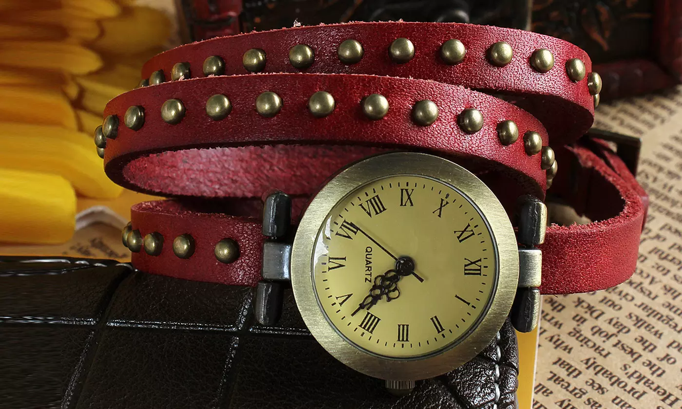 Retro Rivet Vegan Leather Wrap-Around Cuff Watch