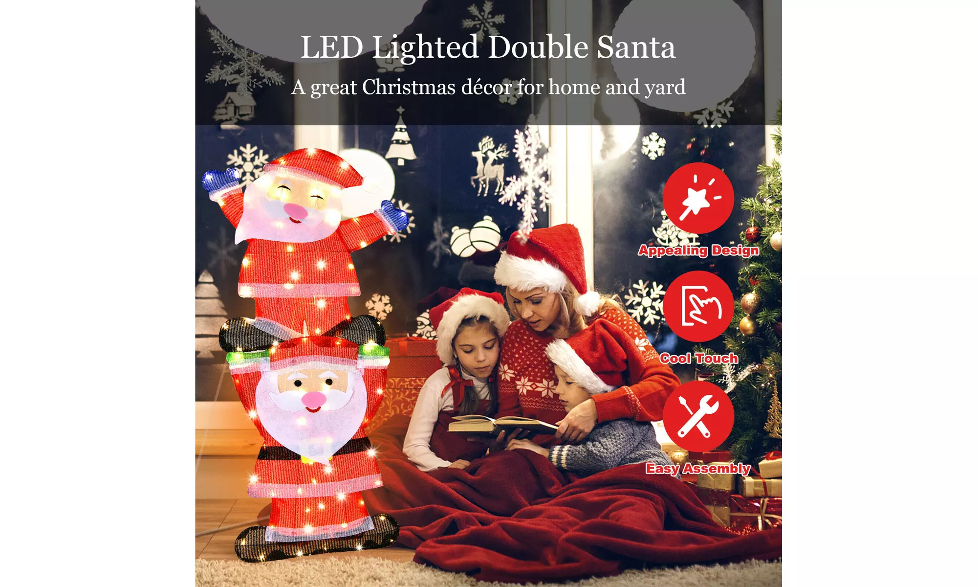 LED Double Santa Yard Sign Santa Christmas Decoration W/ String Lights & Stakes