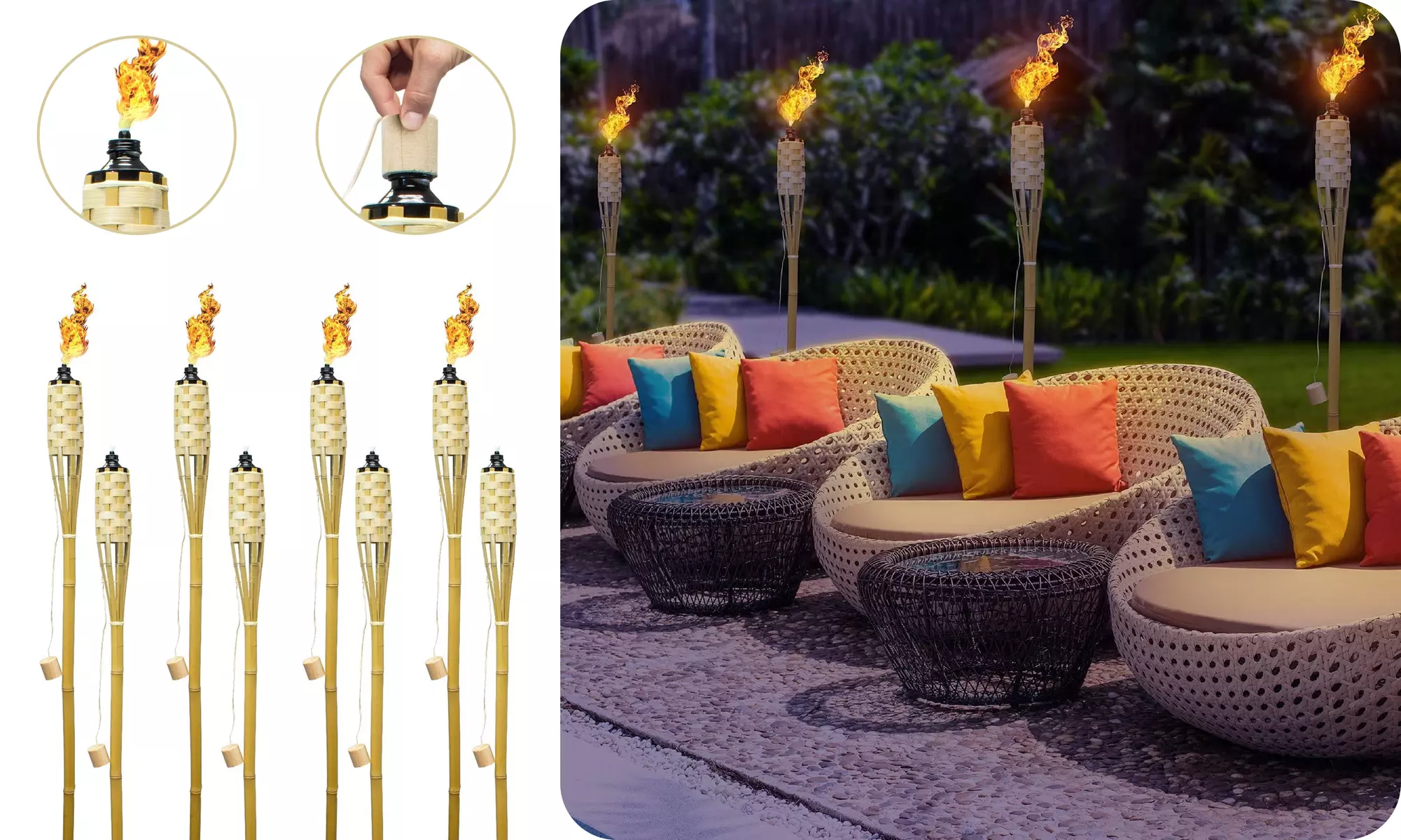 8/12 Pack Outdoor Bamboo Tiki Torches - 60 Long Yard Decor & Mosquito Repellent - Primary Image