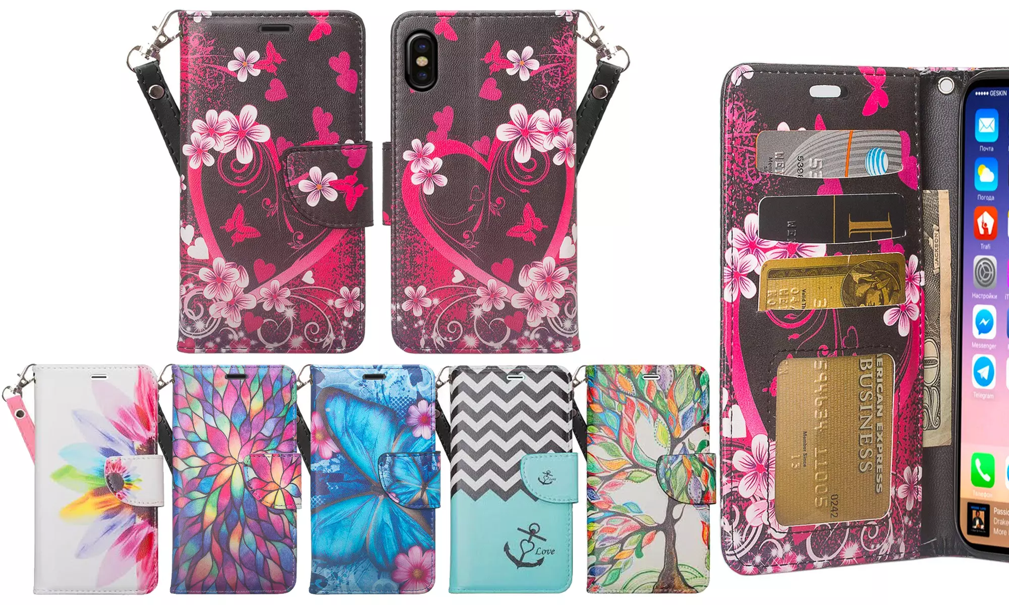 Fashion Design Graphic Leather Credit Card Slot / ID Folio Wallet Phone Case for iPhone 7, 8, or 7/8 Plus, XR, XS Max - Primary Image