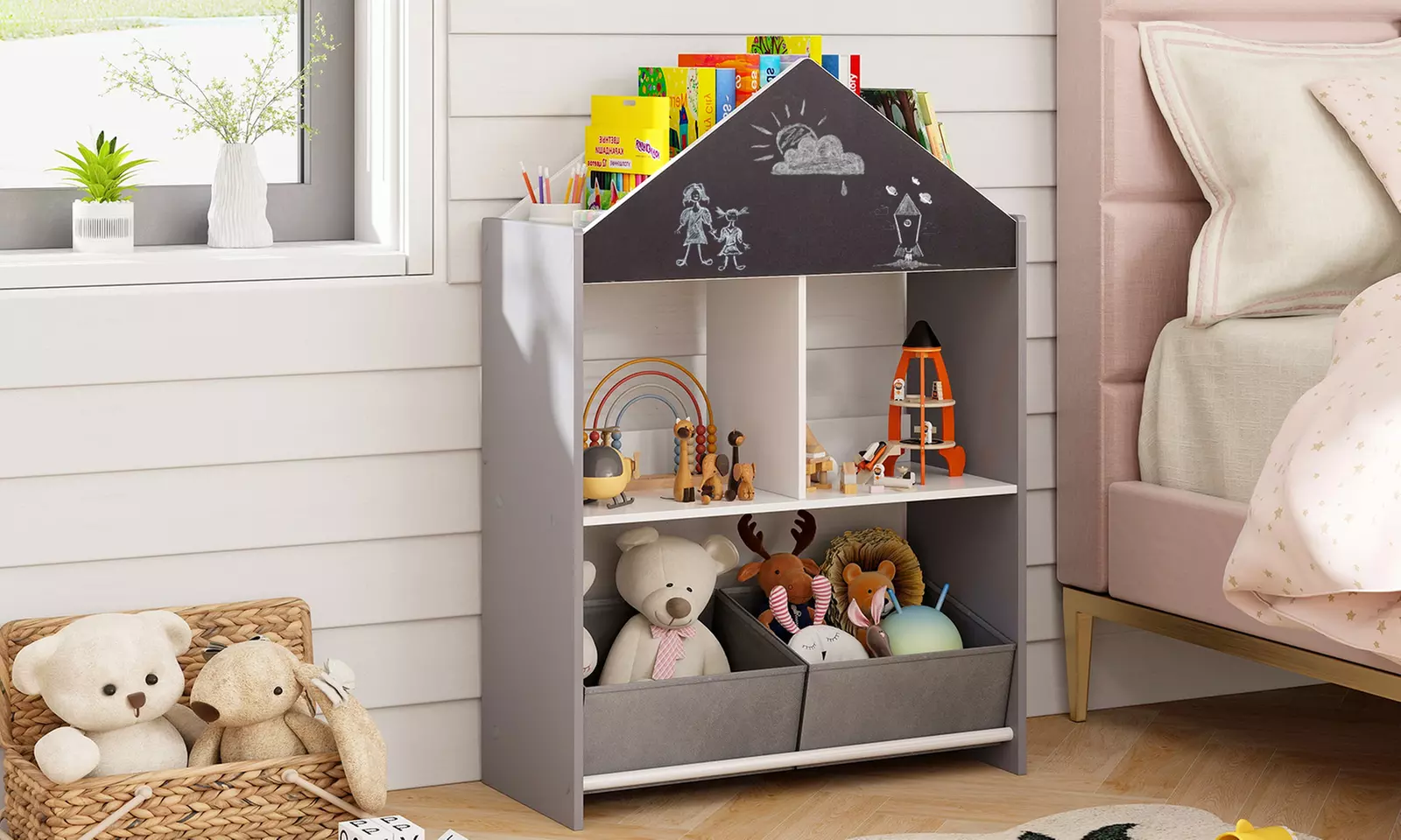 Costway Kids Dollhouse Bookshelf with Chalkboard Whiteboard 4 Top Compartments - Primary Image