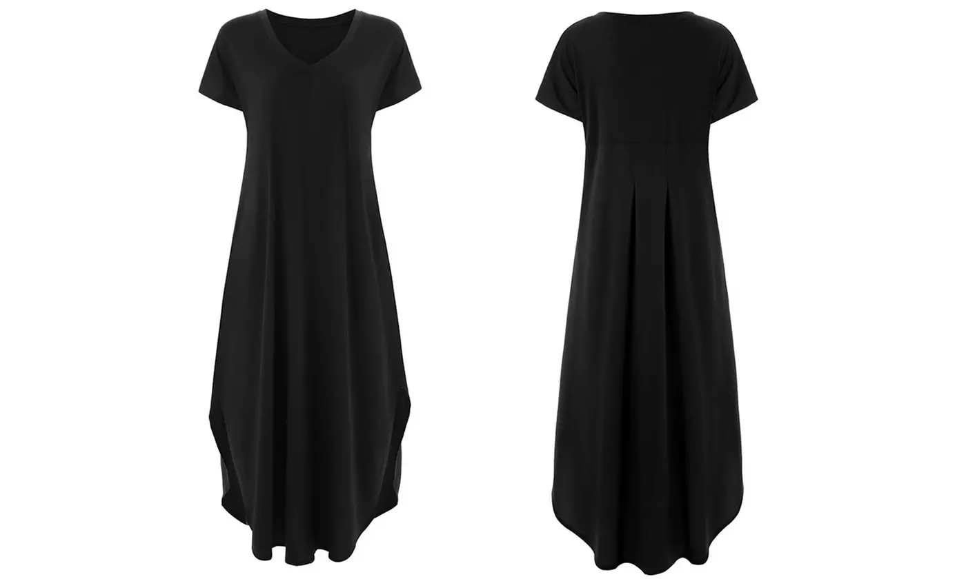 Women's Casual V-Neck Short Sleeve Side Slit Maxi Dress with Pockets